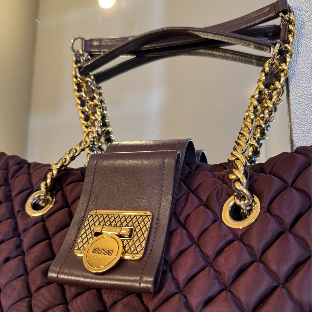 MOSCHINO Nylon Quilted Maroon Logo Large Bag